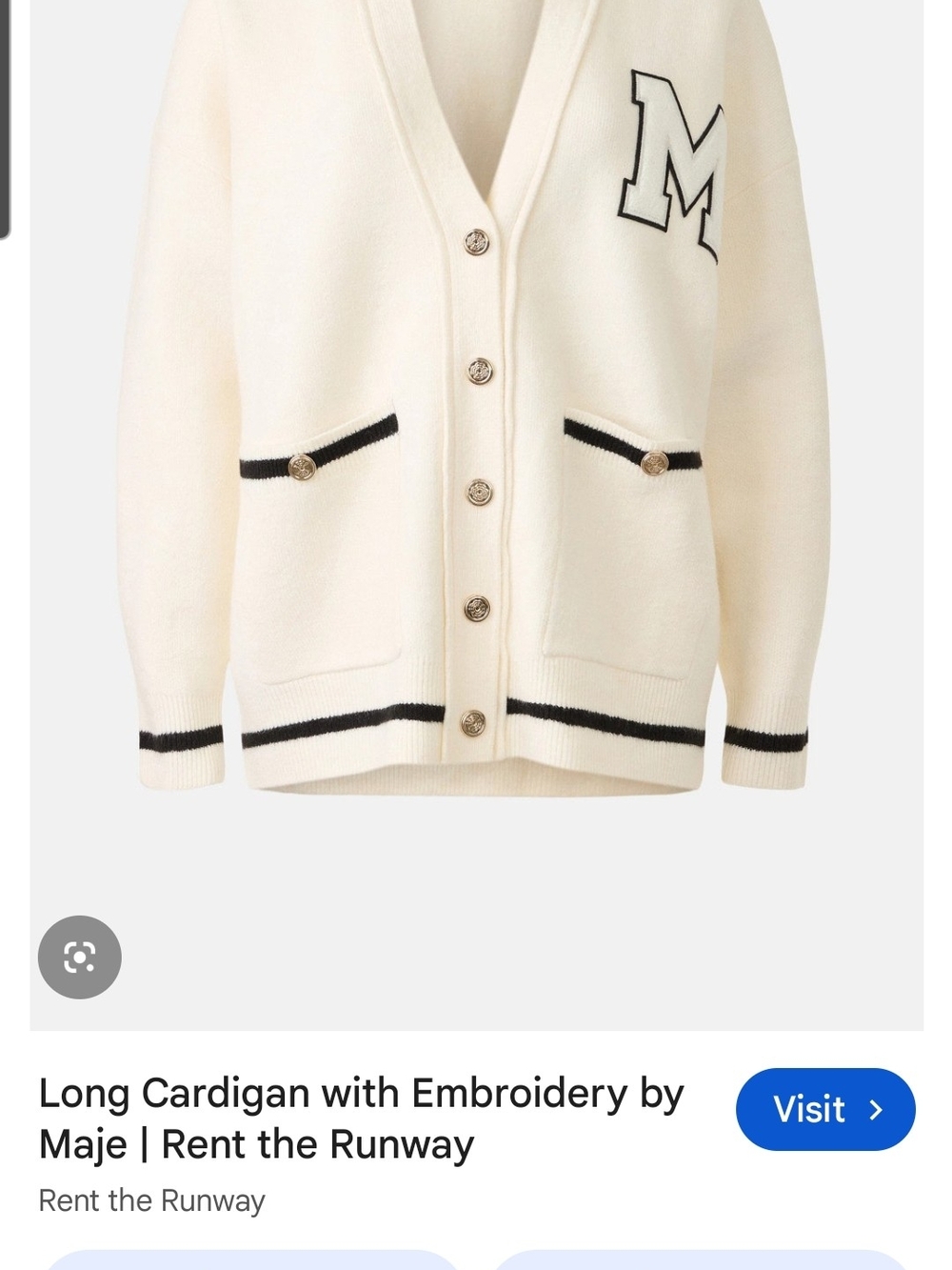 Cream Button-Up Cardigan with Black Trim and 'M' Embroidery - Picture 1 of 3